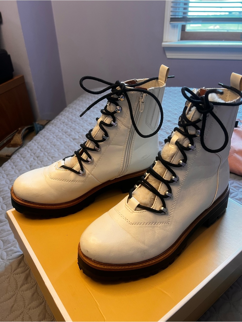 Women's White Lace-Up Leather Combat Boots with Black Laces